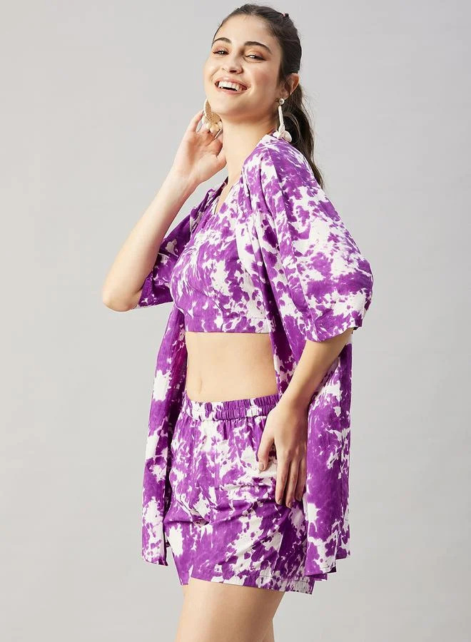 WineRed Women Purple Kimono and Top with Shorts Co-Ords